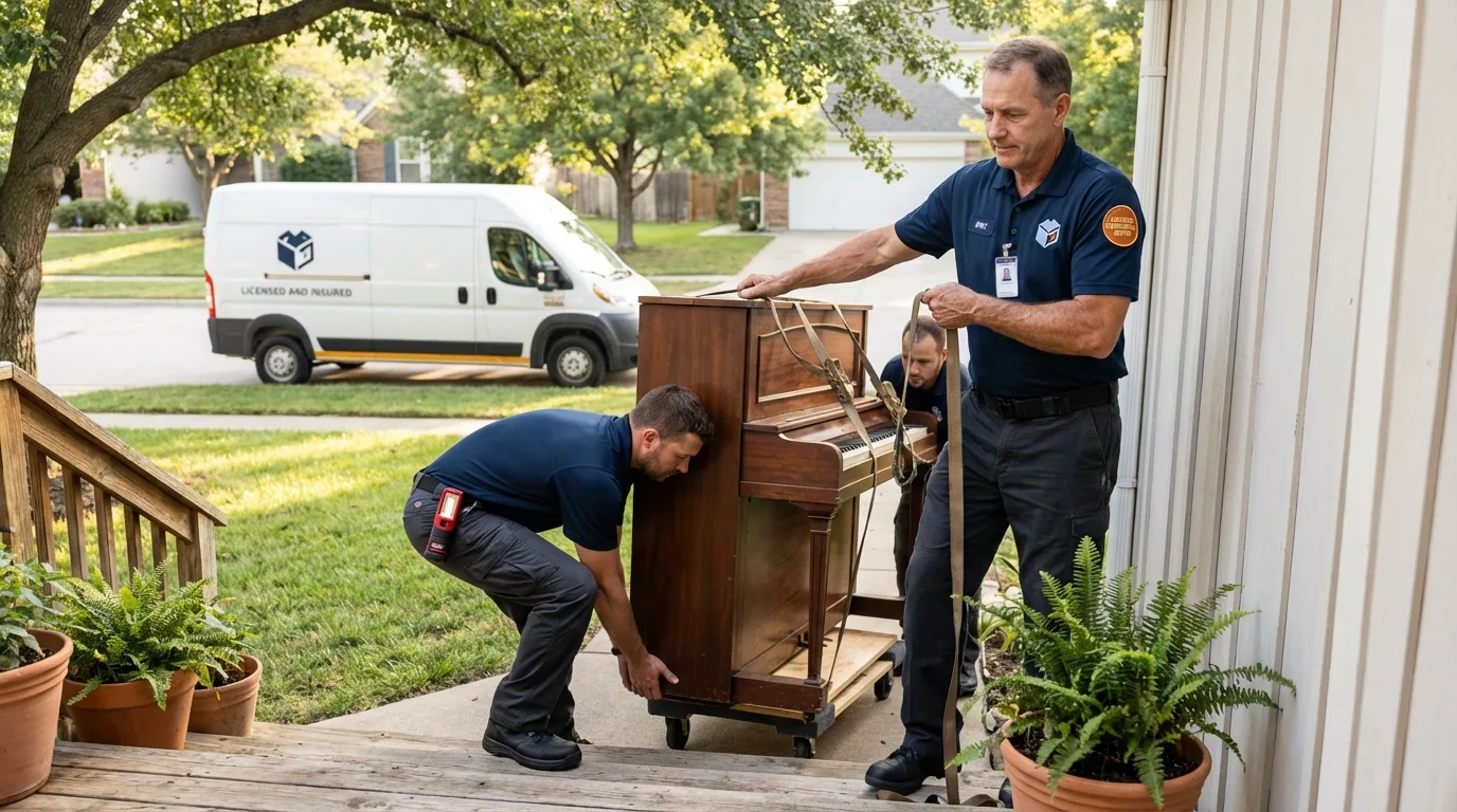 Licensed piano movers securing grand piano in Versailles, IN