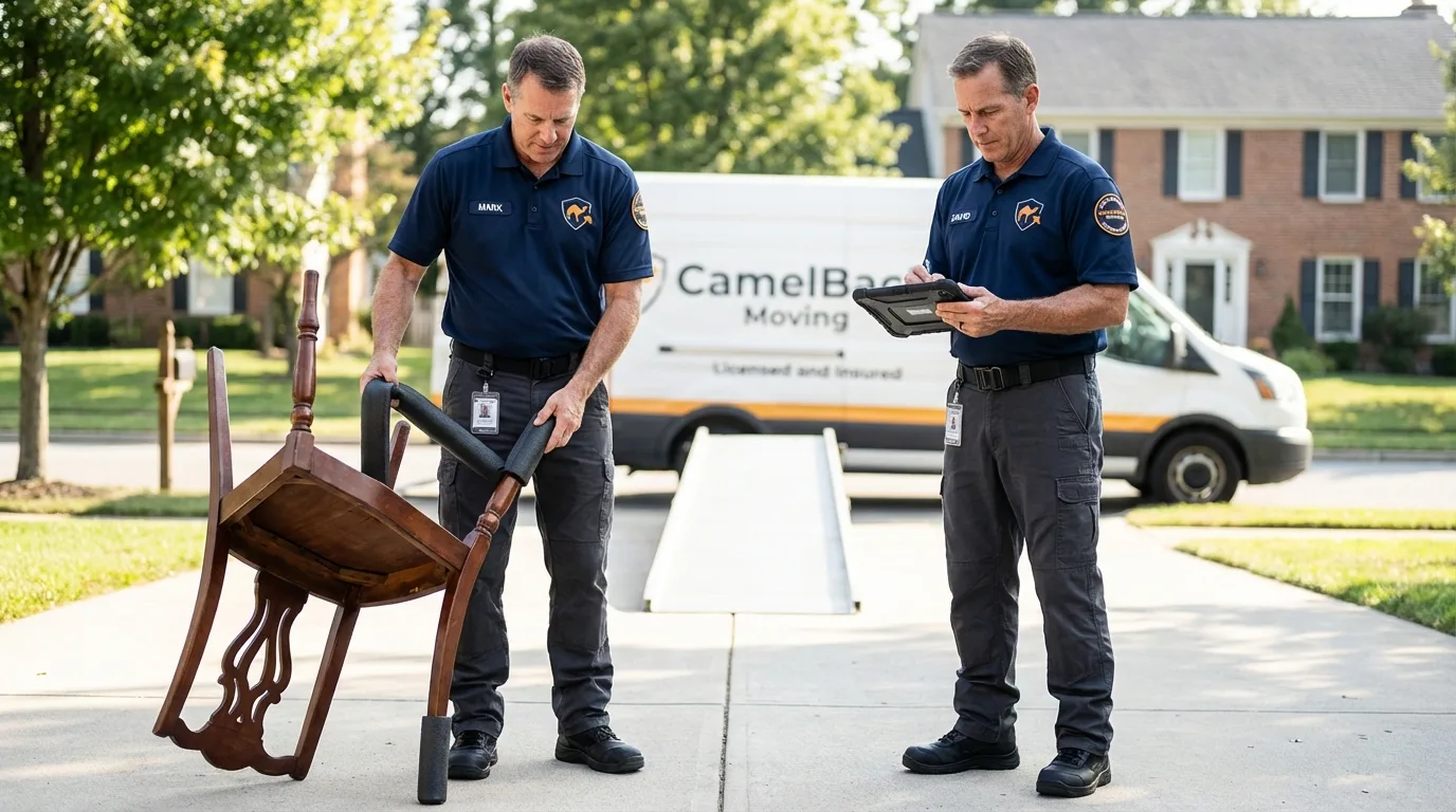Movers inspecting furniture for damage prevention before loading in Versailles, IN