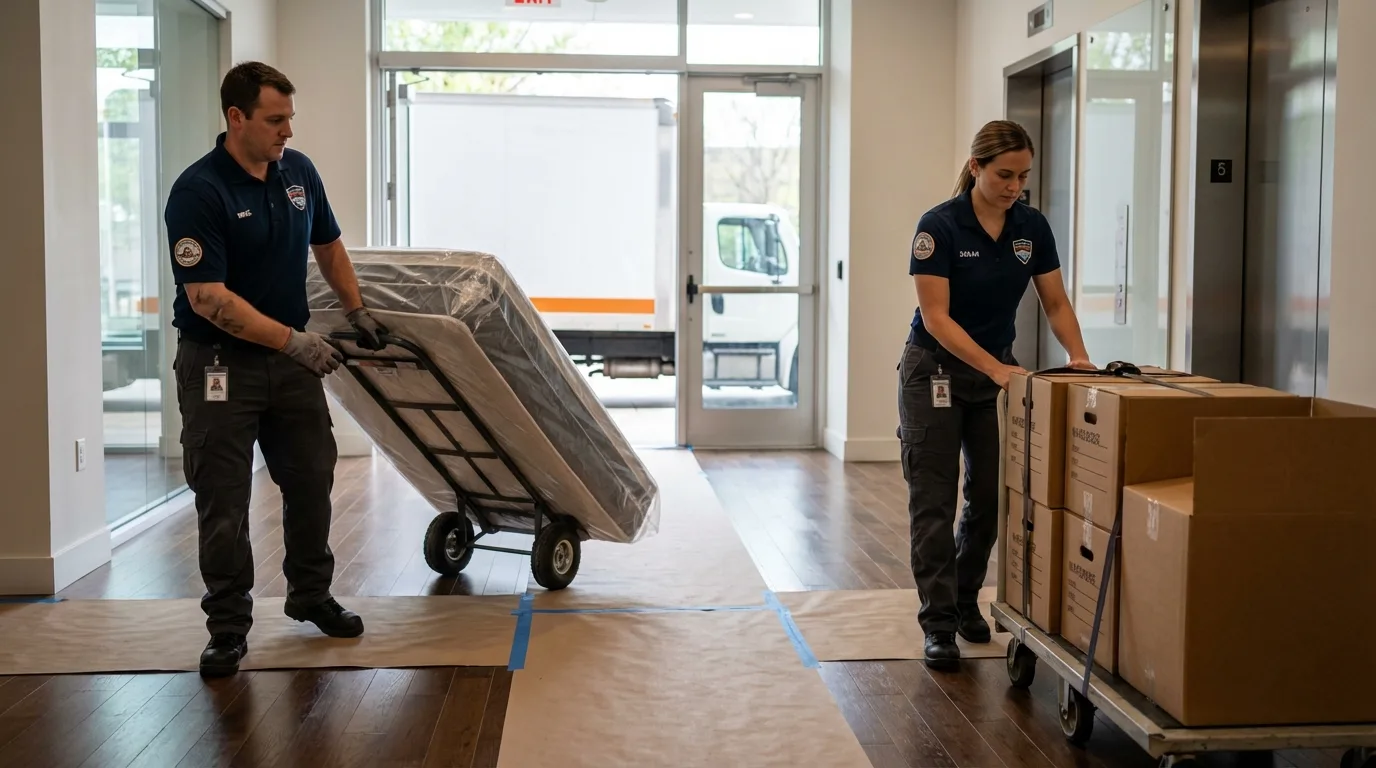 Professional apartment movers loading elevator in Versailles, IN